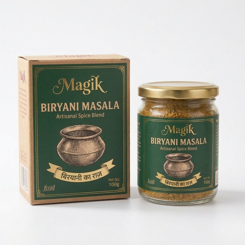 Magik Biryani Masala box and glass jar packshot