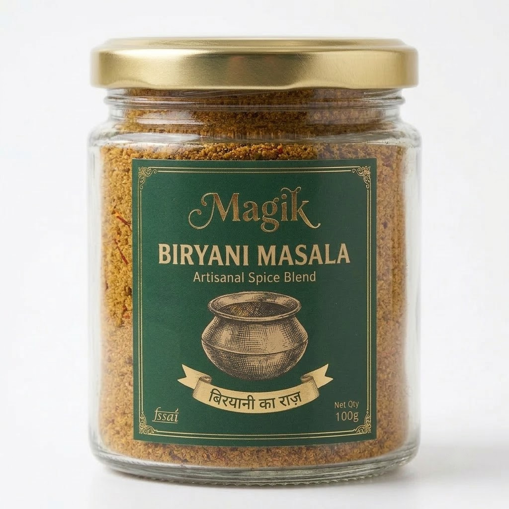 Magik Biryani Masala glass jar front view