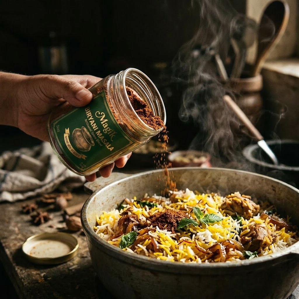 Hand adding Magik Biryani Masala into a steaming pot of biryani garnished with mint