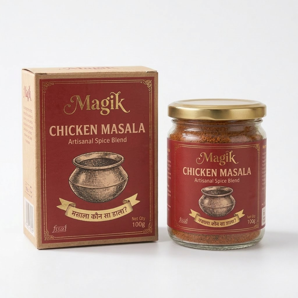 Magik Chicken Masala box and glass jar packshot