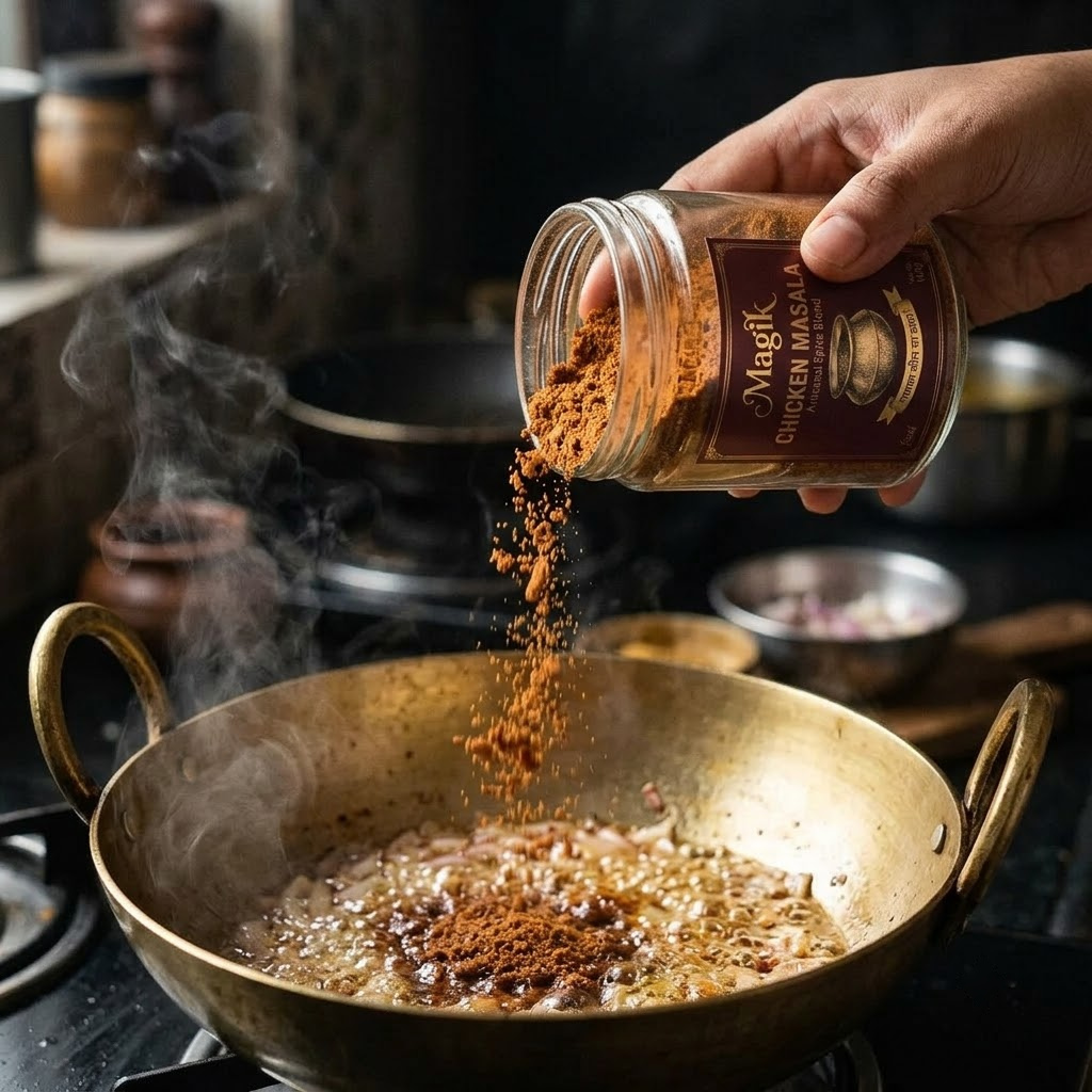 Pouring Magik Chicken Masala into simmering onions in a brass kadhai