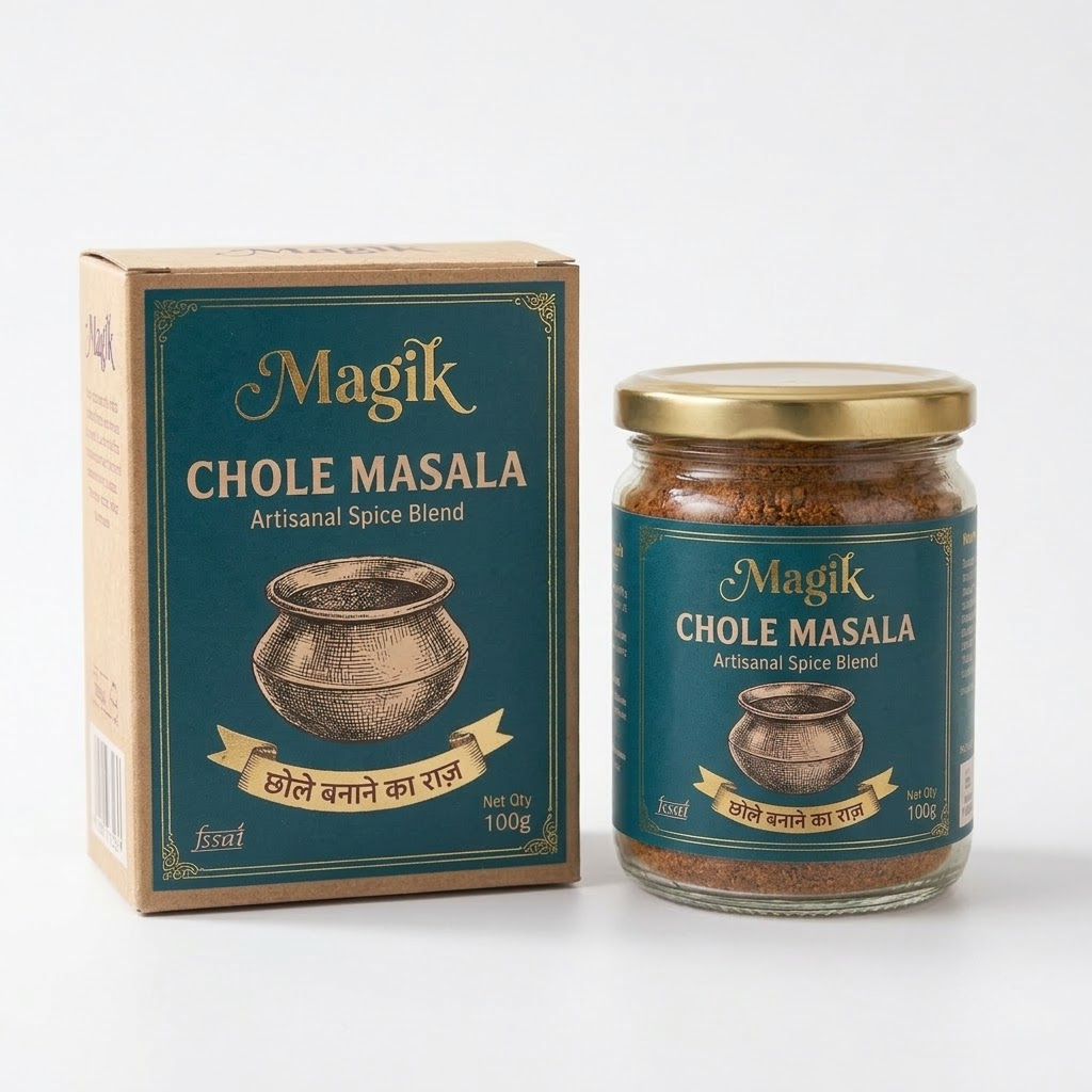 Magik Chole Masala box and glass jar packshot