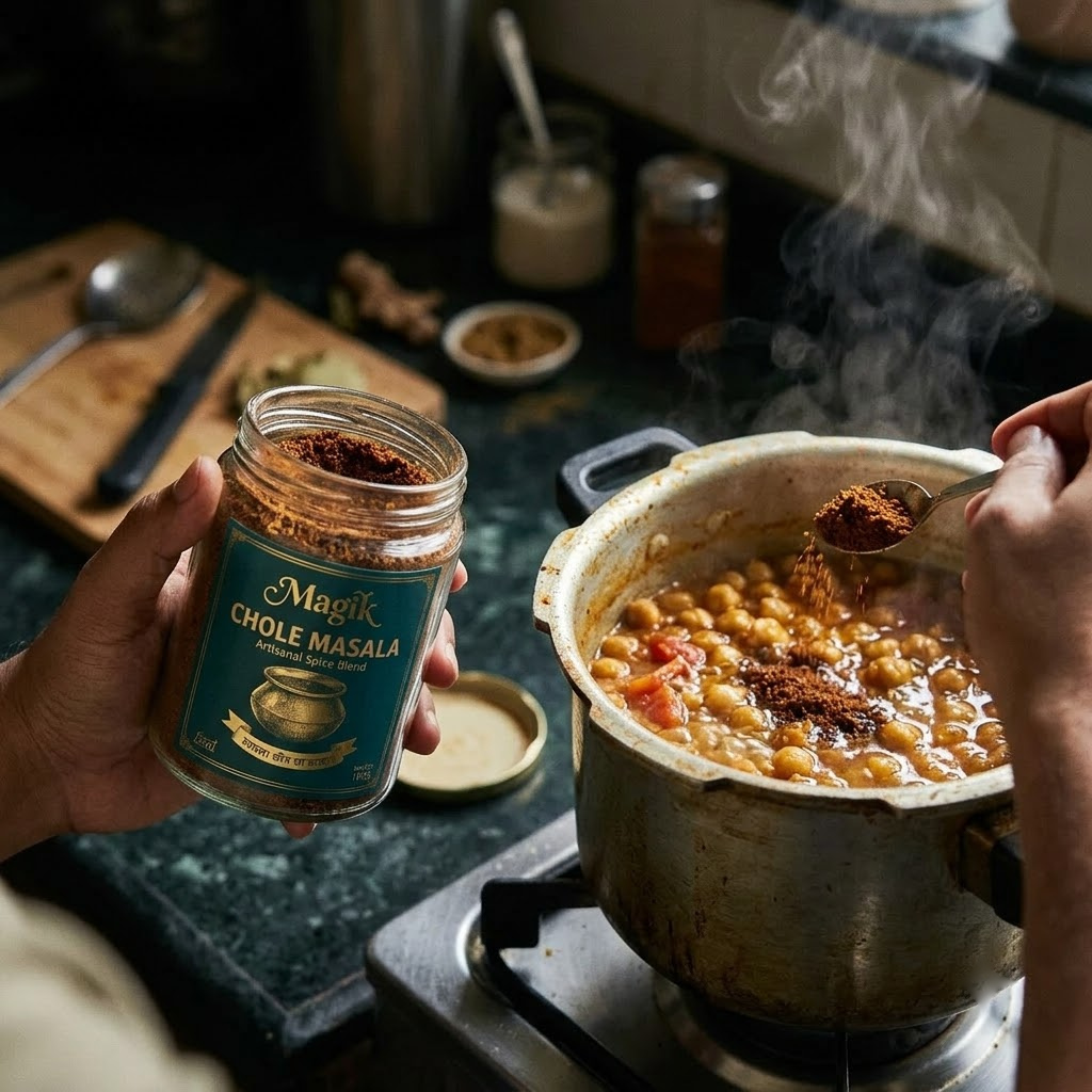 Adding Magik Chole Masala to simmering chickpeas in a pressure cooker