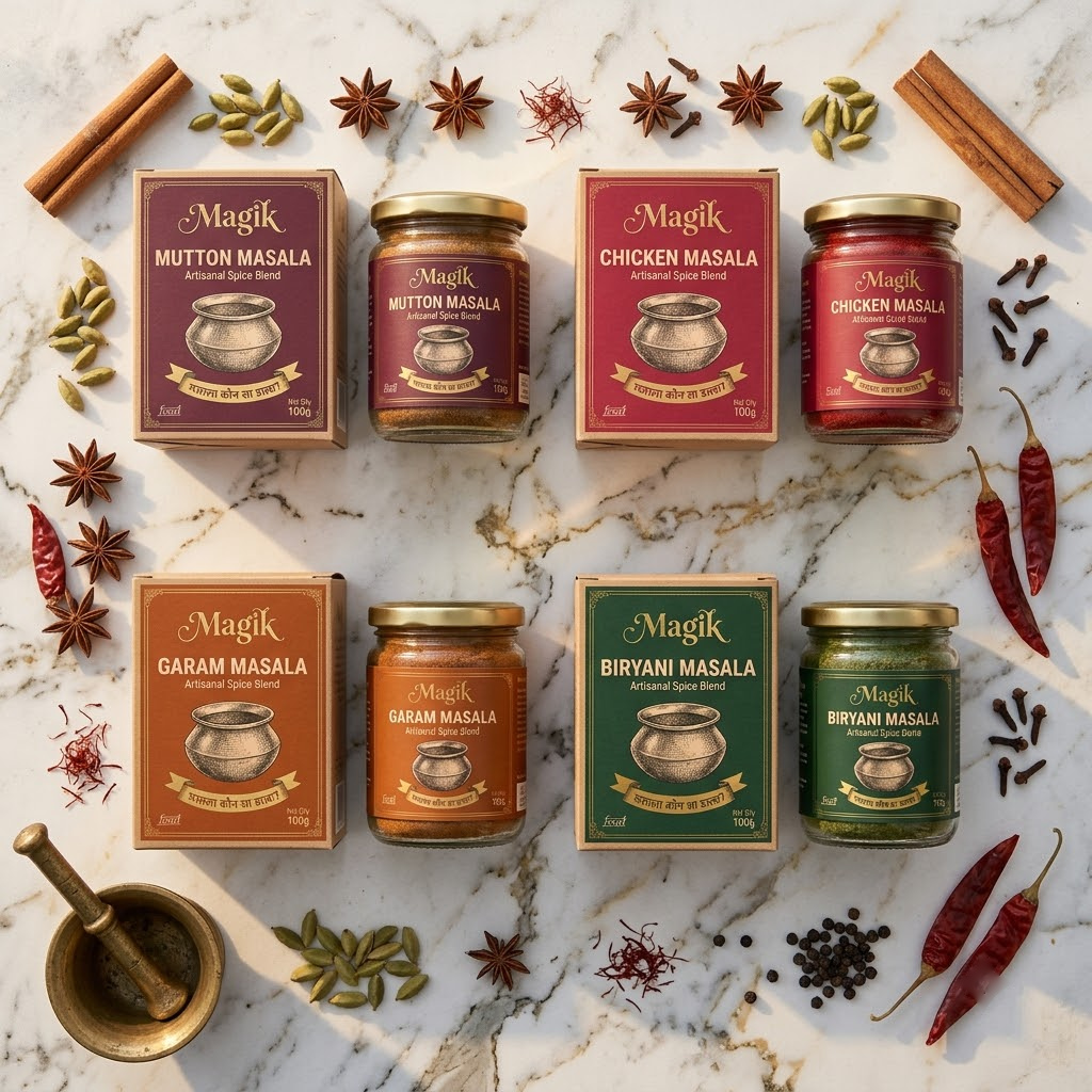 Flat lay of Magik Spices boxes and glass jars with whole spices on marble