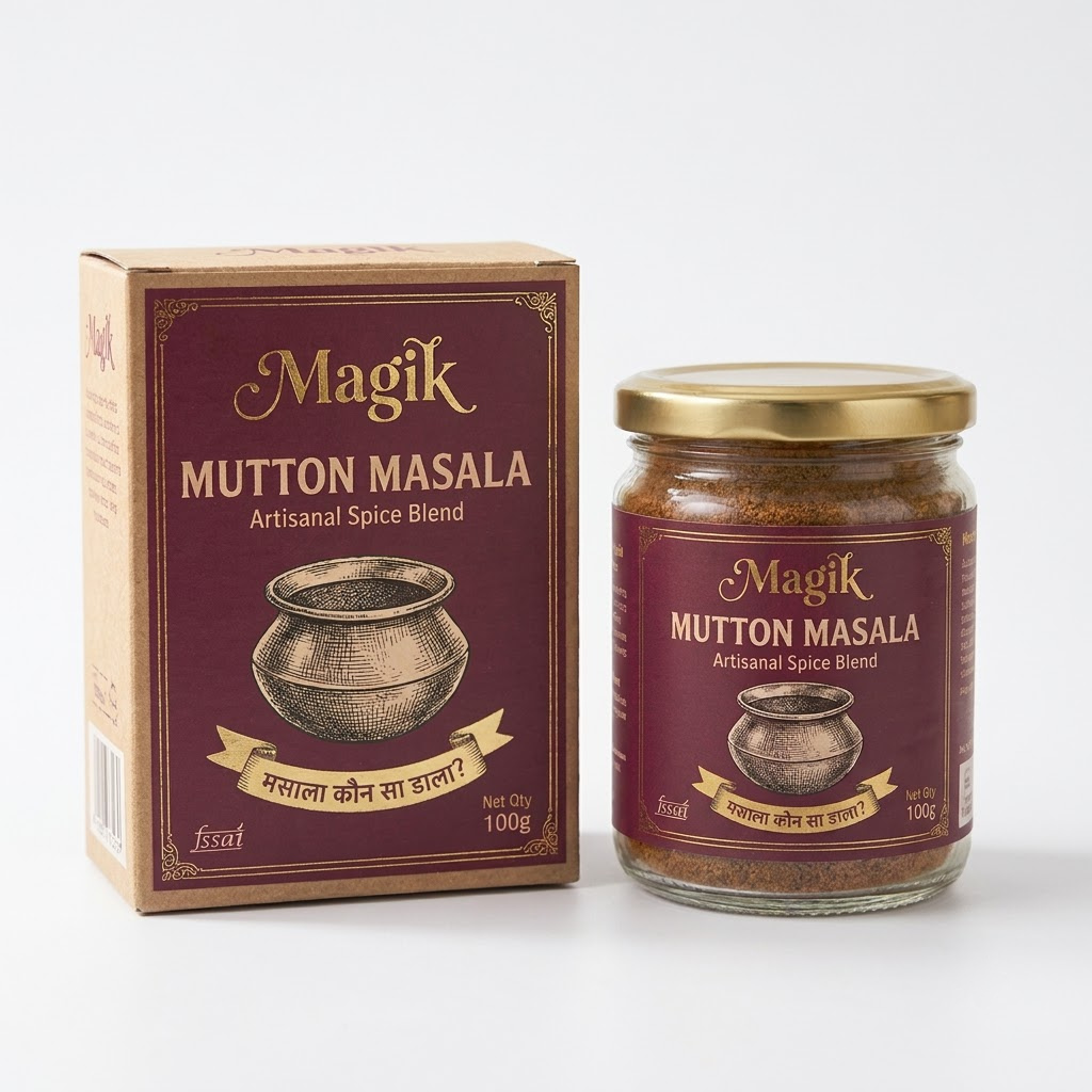 Magik Mutton Masala kraft box and glass jar packshot