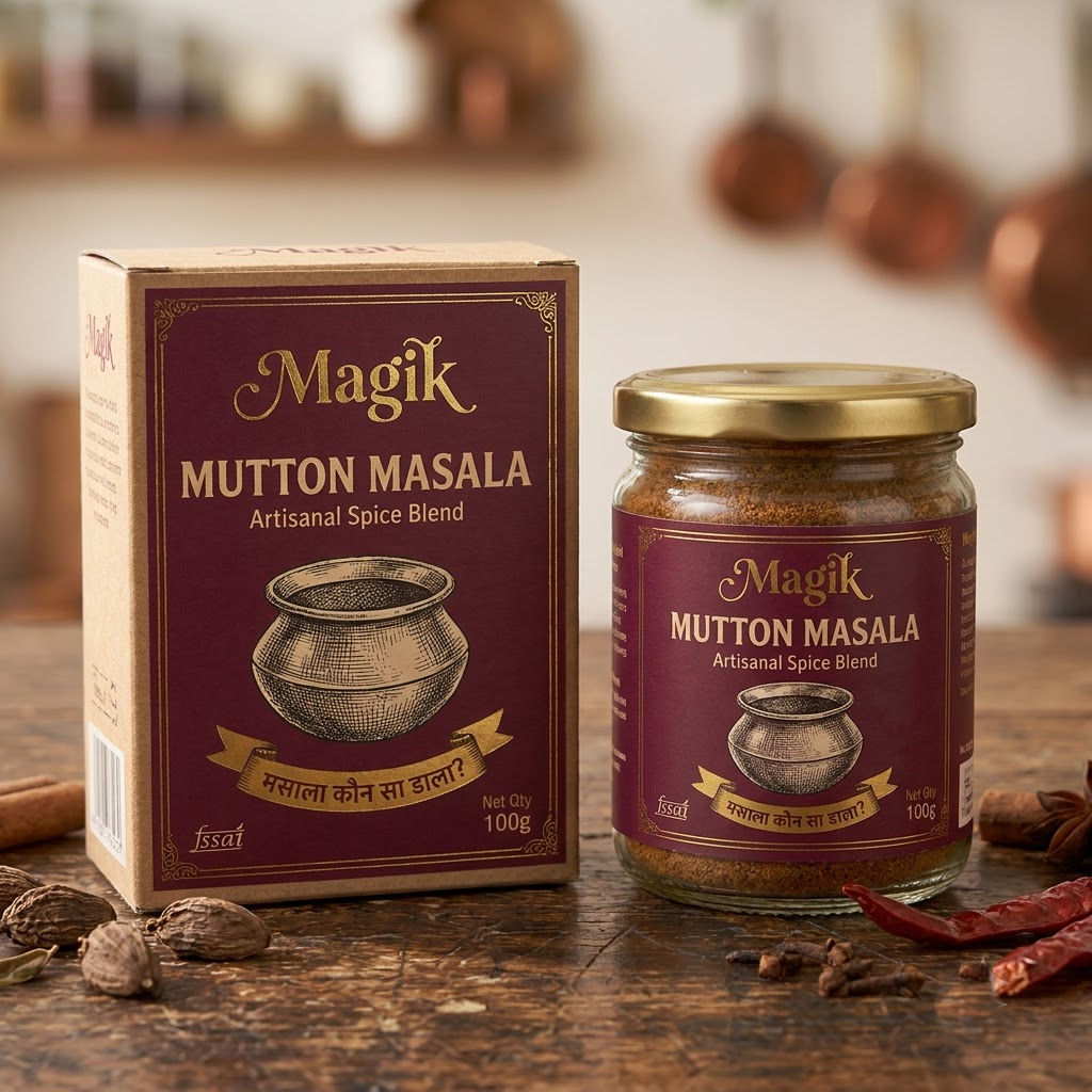 Magik Mutton Masala box and jar on a rustic wooden kitchen table