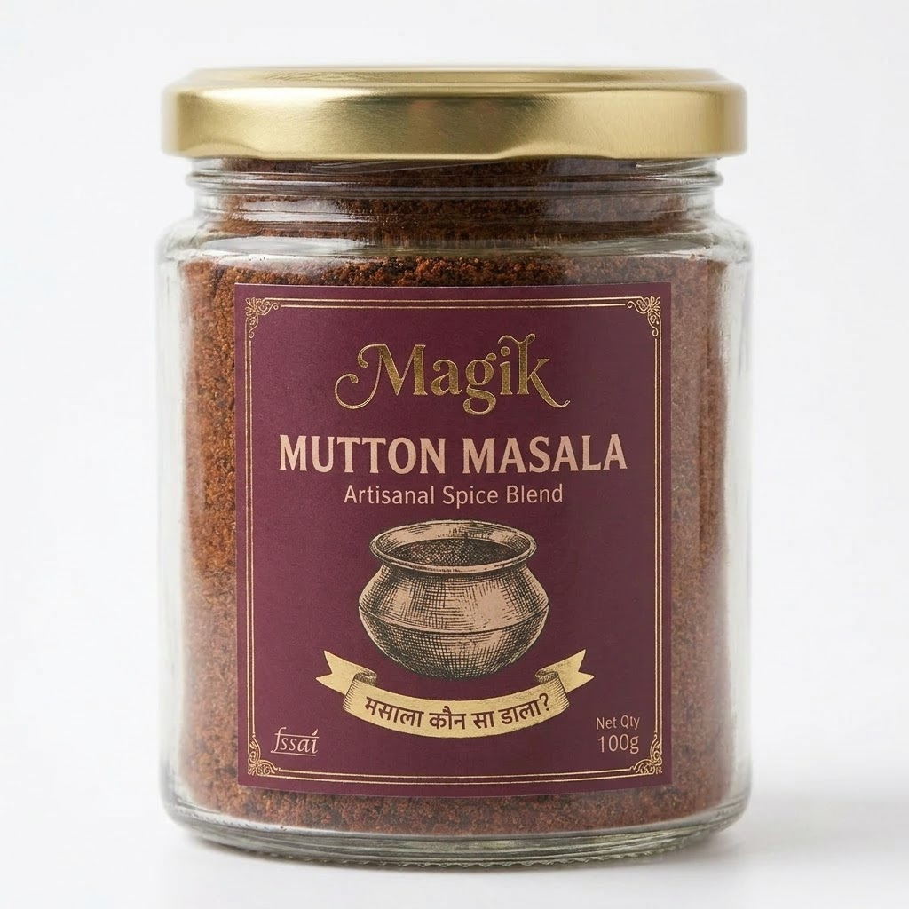 Magik Mutton Masala glass jar with gold lid front label