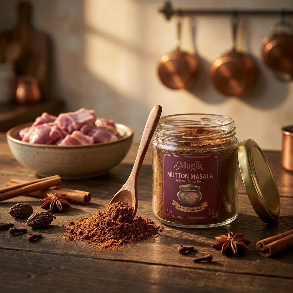 Magik Mutton Masala jar with wooden spoon and freshly ground spice blend