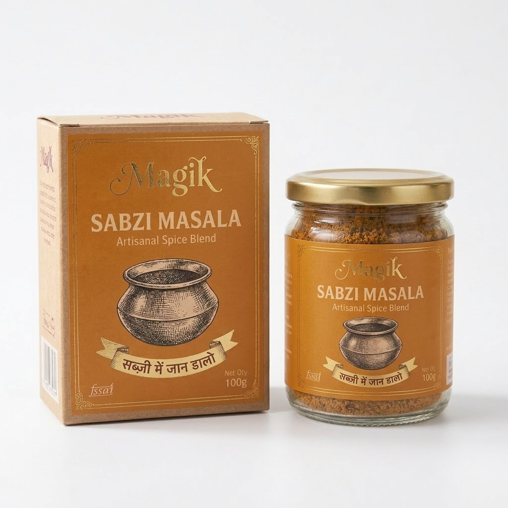 Magik Sabzi Masala box and glass jar packshot
