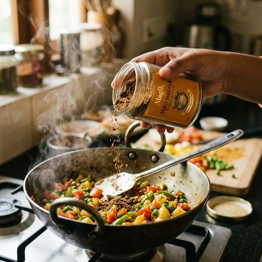 Hand sprinkling Magik Sabzi Masala over seasonal mixed vegetables in a pan